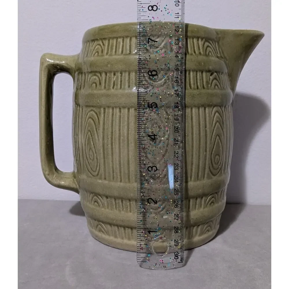 Vintage McCoy Pottery Green Barrel Pitcher Mid Century Stoneware Cider Jug 7.5